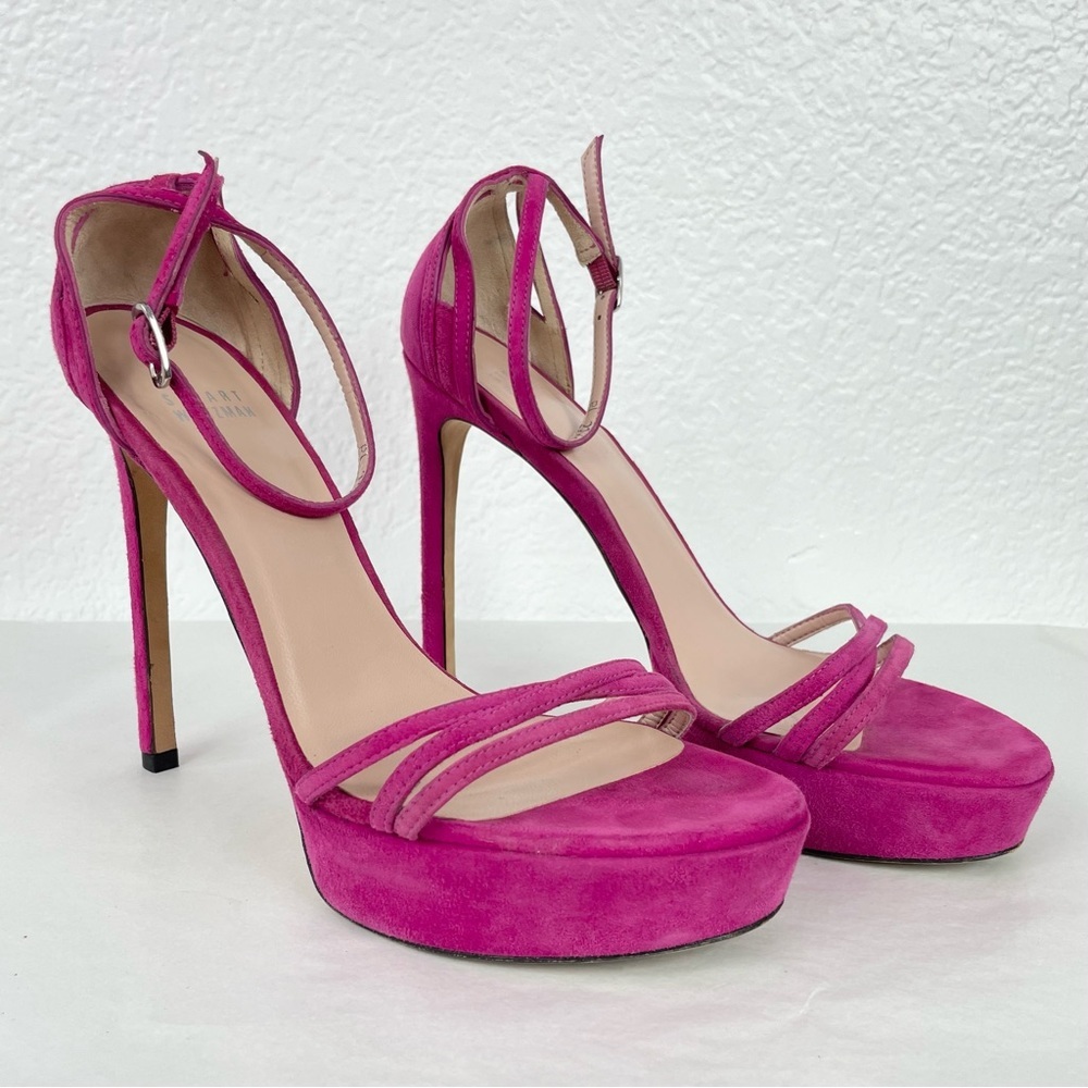 {Stuart Weitzman} Whichway Pink Suede Platform Heeled Sandals, Size 39.5